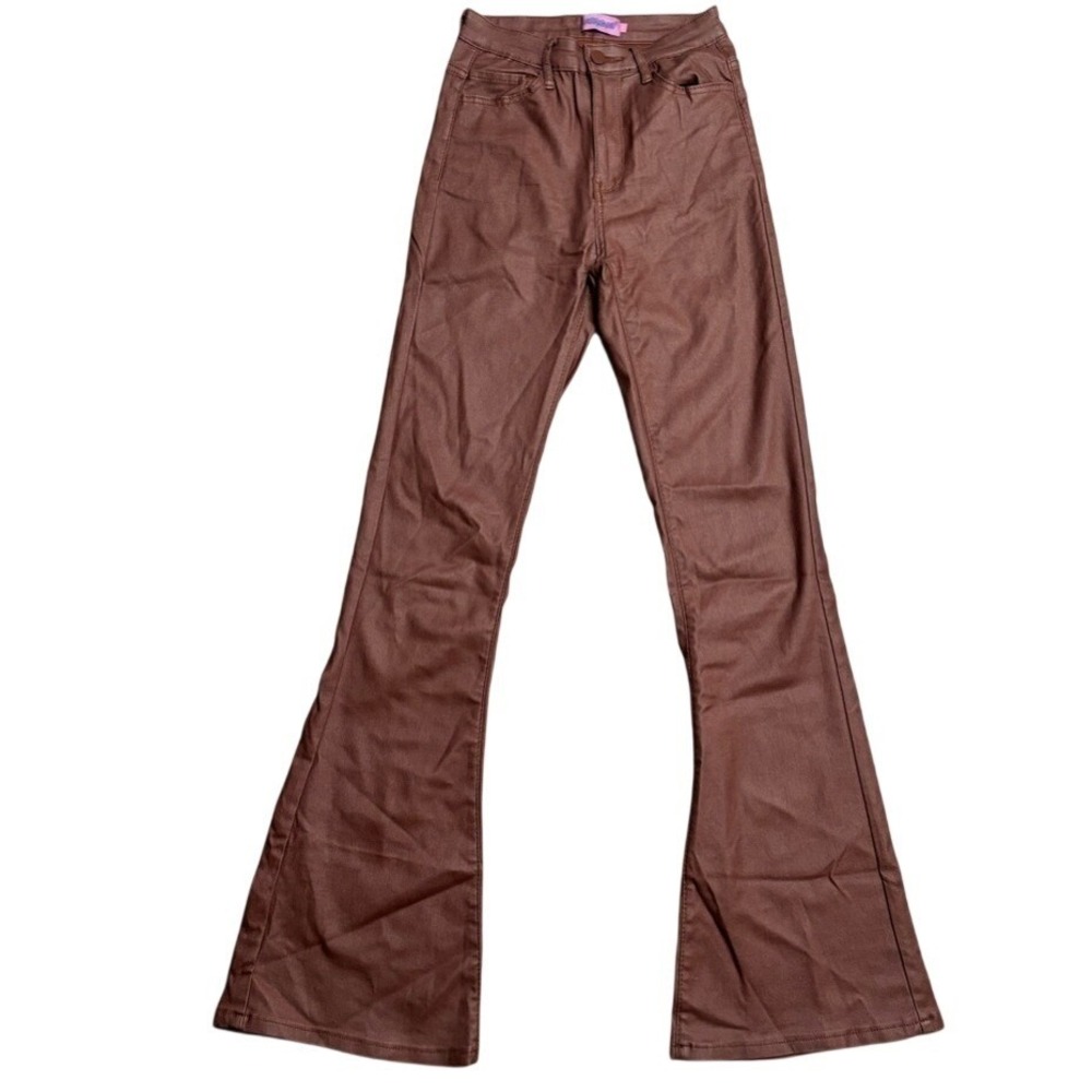 Edikted Women's Luna Faux Leather Flare Jeans Metallic Brown Sz S Going Out Pant